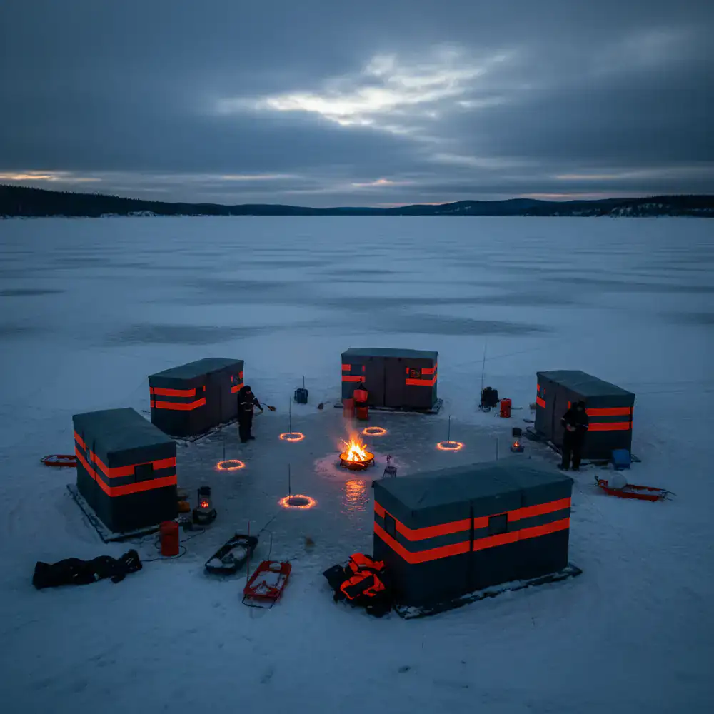 Ice fishing layout in dark slate and vibrant orange